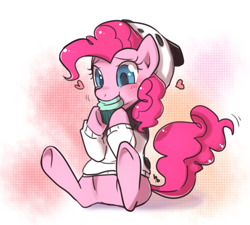 Size: 800x720 | Tagged: safe, artist:haden-2375, imported from derpibooru, pinkie pie, earth pony, pony, clothes, cupcake, cute, diapinkes, eating, female, food, heart, hoodie, mare, nom, solo, sweater