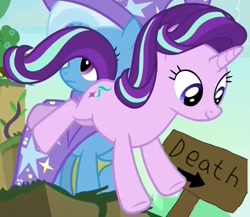 Size: 808x700 | Tagged: safe, edit, edited screencap, imported from derpibooru, screencap, starlight glimmer, trixie, pony, unicorn, to change a changeling, cape, clothes, hat, sign, smiling, this will end in death, trixie's cape, trixie's hat