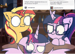Size: 450x326 | Tagged: safe, artist:psychodiamondstar, imported from derpibooru, sci-twi, sunset shimmer, twilight sparkle, alicorn, pony, unicorn, equestria girls, animated, female, gif, glasses, hilarious in hindsight, lesbian, mare, scitwishimmer, shipper on deck, shipping, smiling, sunset twiangle, sunsetsparkle, twilight sparkle (alicorn), twilight the shipper, twolight