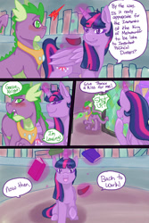 Size: 1024x1536 | Tagged: safe, artist:jeyjeymohr, imported from derpibooru, spike, twilight sparkle, alicorn, dragon, comic:crownless, blushing, colored horn, comic, curved horn, dialogue, horn, implied gay, implied shipping, implied thorax, library, magic, severed horn, sombra's horn, telekinesis, twilight sparkle (alicorn)