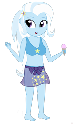 Size: 978x1664 | Tagged: safe, artist:sutekh94, imported from derpibooru, trixie, equestria girls, bad anatomy, barefoot, belly button, bikini, blue swimsuit, clothes, cone, dessert, equestria girls minis, feet, female, food, ice cream, open mouth, sarong, simple background, solo, star printed swimsuit, swimsuit, transparent background, wrap skirt