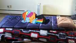 Size: 1024x576 | Tagged: safe, artist:goldenponyz, imported from derpibooru, rainbow dash, scootaloo, pony, bed, fan, irl, photo, ponies in real life, scootalove, shadow, sleeping, vector