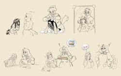 Size: 2877x1812 | Tagged: safe, artist:cosmicminerals, imported from derpibooru, oc, oc only, oc:chalk, oc:floor bored, anthro, diamond dog, earth pony, pony, anthro with ponies, baking, bath, bathing, blushing, brushie, carrot, chair, clothes, eyes closed, female, female diamond dog, food, forced bathing, glasses, mare, mirror, monochrome, open mouth, pomf, reflection, resume, sweat, sweatdrop, table, tail wag, text, text bubbles