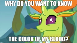 Size: 1277x719 | Tagged: safe, edit, edited screencap, imported from derpibooru, screencap, thorax, changedling, changeling, to change a changeling, blood color, caption, confused, image macro, king thorax, meme