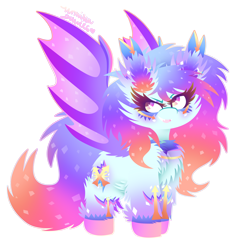 Size: 1580x1674 | Tagged: safe, artist:vanillaswirl6, imported from derpibooru, oc, oc only, oc:angel aura, bat pony, pony, cheek fluff, chest fluff, chibi, colored pupils, contest prize, ear fluff, fangs, female, fluffy, hoof fluff, mare, rainbow power, rainbow power-ified, simple background, solo, sparkles, transparent background