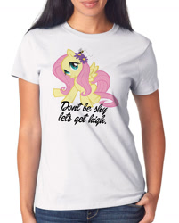 Size: 1000x1246 | Tagged: safe, imported from derpibooru, fluttershy, pony, caption, clothes, shirt, t-shirt, why