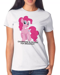 Size: 1000x1246 | Tagged: safe, imported from derpibooru, pinkie pie, pony, caption, clothes, shirt, t-shirt, why