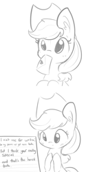 Size: 1650x3300 | Tagged: safe, artist:tjpones, imported from derpibooru, applejack, earth pony, pony, 2 panel comic, blushing, comic, cowboy hat, cute, ear fluff, grammar error, grayscale, hat, jackabetes, letter, love letter, misspelling, monochrome, mouth hold, offscreen character, poem, simple background, tjpones is trying to murder us, white background