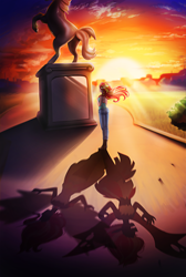 Size: 2500x3730 | Tagged: safe, artist:racoonsan, imported from derpibooru, sunset shimmer, equestria girls, my past is not today, away from viewer, butt, canterlot high, clothes, courtyard, daydream shimmer, duality, female, high res, plot, rear view, shadow, solo, statue, sunset, sunset satan, sunset's conscience, sunshine shimmer, wondercolt statue