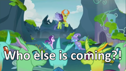 Size: 1000x562 | Tagged: safe, edit, edited screencap, imported from derpibooru, screencap, cornicle, lokiax, starlight glimmer, thorax, trixie, changedling, changeling, pony, unicorn, to change a changeling, caption, frenulum (g4), king thorax, phrasing