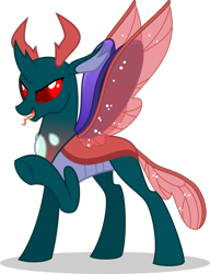 Size: 894x1163 | Tagged: safe, artist:mlp-trailgrazer, imported from derpibooru, pharynx, changedling, changeling, to change a changeling, fangs, forked tongue, prince pharynx, raised hoof, simple background, solo, tongue out, transparent background, vector