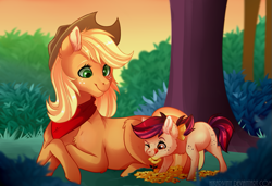 Size: 983x672 | Tagged: safe, artist:hikariviny, imported from derpibooru, applejack, oc, earth pony, pony, bandana, bush, cowboy hat, female, filly, flower, hat, mare, mother and daughter, next generation, offspring, parent:applejack, parent:caramel, parents:carajack, smiling, tree