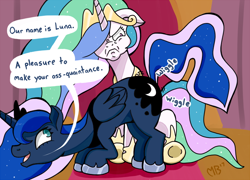 Size: 750x540 | Tagged: safe, artist:sonikku001, imported from derpibooru, princess celestia, princess luna, alicorn, pony, 2017 solar eclipse, alicorn eclipse, butt shake, celestia is not amused, eclipse, face down ass up, female, luna eclipsing celestia, mare, my hero academia, plot, solar eclipse, trolluna, unamused, vulgar