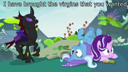 Size: 1920x1080 | Tagged: safe, edit, edited screencap, imported from derpibooru, screencap, pharynx, starlight glimmer, trixie, changeling, pony, unicorn, to change a changeling, caption, cute, diatrixes, discovery family logo, female, glimmerbetes, image macro, mare, meme, pony pile, scrunchy face, upside down, virgin