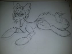 Size: 2016x1512 | Tagged: safe, artist:skygunner, imported from derpibooru, oc, oc only, oc:magic meat, pony, unicorn, bracelet, fluffy, jewelry, male, monochrome, necklace, prone, sketch, solo, traditional art