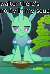 Size: 492x720 | Tagged: safe, edit, edited screencap, imported from derpibooru, screencap, soupling, changedling, changeling, to change a changeling, changeling food, cropped, food, frown, glare, horn, image macro, looking down, male, meme, sitting, solo, soup, unamused