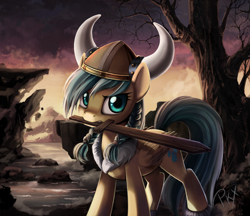 Size: 1280x1108 | Tagged: safe, artist:php58, artist:ponykillerx, deleted from derpibooru, imported from derpibooru, sunshower raindrops, pegasus, pony, cliff, horned helmet, mouth hold, ocean, scenery, solo, tree, viking, wooden sword