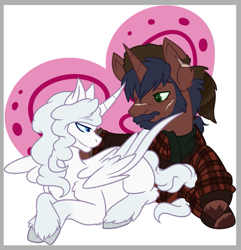 Size: 719x747 | Tagged: safe, artist:dogi-crimson, imported from derpibooru, oc, oc only, oc:daneel, oc:silverheart, alicorn, unicorn, alicorn oc, beard, clothes, coonskin cap, facial hair, heart, missing cutie mark, plaid shirt, ponytail, scar, scarf, shipping, wings