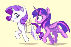 Size: 2392x1591 | Tagged: safe, artist:lilfunkman, imported from derpibooru, rarity, twilight sparkle, alicorn, pony, baguette, bread, female, food, fruit, grapes, lesbian, rarilight, saddle bag, shipping, twilight sparkle (alicorn)