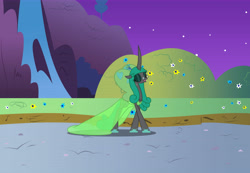 Size: 10803x7492 | Tagged: safe, artist:kirbymlp, idw, imported from derpibooru, queen chrysalis, changeling, changeling queen, reflections, absurd resolution, bush, butterfly wings, clothes, dress, duchess chrysalis, flower, gala, glasses, grand galloping gala, grass, hill, love, mirror universe, mountain, night, night sky, queen, reversalis, sky, slippers, stars, tree, waterfall