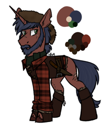 Size: 1162x1317 | Tagged: safe, artist:bluebrush09, imported from derpibooru, oc, oc only, oc:daneel, unicorn, beard, clothes, coonskin cap, facial hair, knife, male, plaid, plaid shirt, reference sheet, scar, scarf, solo