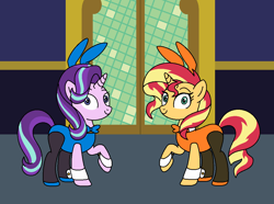 Size: 1110x826 | Tagged: safe, artist:author92, imported from derpibooru, starlight glimmer, sunset shimmer, pony, unicorn, alternate clothes, alternate costumes, bowtie, bunny ears, bunny suit, clothes, costume, cufflinks, cuffs (clothes), equestria girls ponified, female, leotard, mare, pantyhose, playboy bunny, ponified, shoes