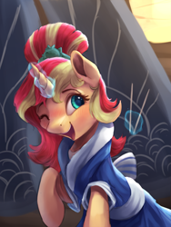 Size: 800x1066 | Tagged: safe, artist:vanillaghosties, imported from derpibooru, sunset shimmer, pony, unicorn, eqg summertime shorts, equestria girls, good vibes, clothes, cute, equestria girls ponified, female, happi, mare, obi, one eye closed, open mouth, ponified, shimmerbetes, smiling, solo, sunset sushi, toy interpretation