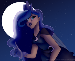 Size: 1024x841 | Tagged: safe, artist:cordovaproduction, imported from derpibooru, princess luna, human, blue lipstick, clothes, dress, female, gloves, humanized, lipstick, moon, night, signature, sky, solo