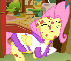 Size: 831x714 | Tagged: safe, imported from derpibooru, screencap, fluttershy, pegasus, pony, hurricane fluttershy, acting, bathrobe, clothes, cropped, eyes closed, female, floppy ears, fluttershy's cottage, mare, moe, open mouth, pony pox, prone, robe, sad, sick, solo, weak