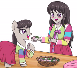 Size: 3543x3129 | Tagged: safe, artist:sumin6301, imported from derpibooru, octavia melody, earth pony, pony, equestria girls, basket, clothes, cute, female, food, hanbok, human ponidox, mare, open mouth, self ponidox, traditional dress, underhoof