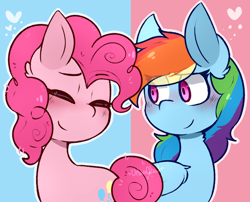 Size: 868x701 | Tagged: safe, artist:urbanqhoul, imported from derpibooru, pinkie pie, rainbow dash, earth pony, pegasus, pony, blushing, duo, ear fluff, eyes closed, female, heart, lesbian, mare, pinkiedash, shipping, smiling