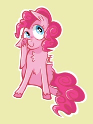 Size: 608x811 | Tagged: safe, artist:mad-maker-cat, imported from derpibooru, pinkie pie, earth pony, pony, chest fluff, cute, diapinkes, ear fluff, female, heart eyes, horses doing horse things, leg fluff, mare, ponk, scratching, simple background, solo, unshorn fetlocks, wingding eyes, yellow background