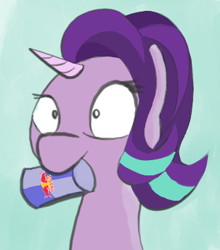 Size: 303x345 | Tagged: safe, imported from derpibooru, starlight glimmer, pony, unicorn, bust, energy drink, female, mouth hold, portrait, red bull, simple background, solo, teal background