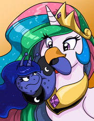 Size: 2550x3300 | Tagged: safe, artist:latecustomer, imported from derpibooru, princess celestia, princess luna, bird, chicken, slug, annoyed, crown, duo, female, frown, funny, glare, gradient background, hilarious in hindsight, jewelry, looking at each other, looking back, luna is not amused, mouth hold, multicolored mane, nom, peytral, regalia, royal sisters, siblings, sisters, smiling, smirk, species swap, unamused, wat