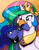 Size: 2550x3300 | Tagged: safe, artist:latecustomer, imported from derpibooru, princess celestia, princess luna, bird, chicken, slug, annoyed, crown, duo, female, frown, funny, glare, gradient background, hilarious in hindsight, jewelry, looking at each other, looking back, luna is not amused, mouth hold, multicolored mane, nom, peytral, regalia, royal sisters, siblings, sisters, smiling, smirk, species swap, unamused, wat