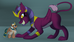 Size: 1024x576 | Tagged: safe, artist:wubcakeva, imported from derpibooru, somnambula, sphinx (character), pegasus, pony, sphinx, daring done?, clothes, egyptian, female, grin, macro, mare, side view, size difference, smiling