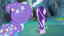 Size: 1280x720 | Tagged: safe, imported from derpibooru, screencap, pharynx, starlight glimmer, trixie, pony, unicorn, to change a changeling, butt, cape, clothes, dat butt, glimmer glutes, hat, looking at butt, meme, out of context, plot, trixie's cape, trixie's hat