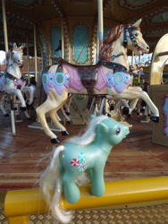 Size: 3456x4608 | Tagged: safe, artist:travelling-my-little-pony, imported from derpibooru, minty, pony, carousel, fairground ride, g3, irl, photo, toy, watching