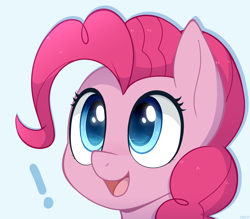 Size: 1200x1051 | Tagged: safe, artist:higgly-chan, imported from derpibooru, pinkie pie, earth pony, pony, cute, diapinkes, exclamation point, female, mare, open mouth, simple background, smiling, solo