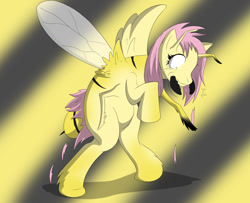 Size: 1024x830 | Tagged: safe, artist:tfsubmissions, imported from derpibooru, fluttershy, bee, pony, yellowjacket, antennae, body horror, extra legs, flutterbee, hair loss, insect wings, literal, mandibles, mid-transformation, nightmare fuel, stinger, stripes, terrified, transformation