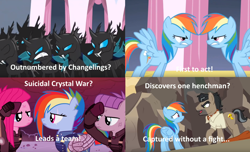 Size: 2026x1228 | Tagged: safe, edit, edited screencap, imported from derpibooru, screencap, doctor caballeron, maud pie, pinkie pie, rainbow dash, changeling, a canterlot wedding, daring done?, the cutie re-mark, discussion in the comments, meme