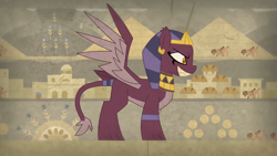 Size: 1366x768 | Tagged: safe, imported from derpibooru, screencap, somnambula, sphinx (character), sphinx, daring done?, crown, fangs, hieroglyphics, jewelry, regalia