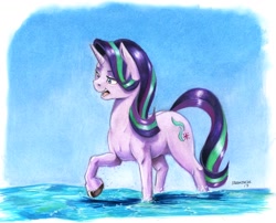 Size: 1400x1130 | Tagged: safe, artist:baron engel, imported from derpibooru, starlight glimmer, pony, unicorn, colored pencil drawing, female, mare, raised hoof, solo, traditional art, unshorn fetlocks, water