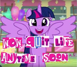 Size: 1049x902 | Tagged: safe, edit, edited screencap, imported from derpibooru, screencap, twilight sparkle, alicorn, pony, the one where pinkie pie knows, caption, dissonant caption, expand dong, exploitable meme, female, image macro, implied suicide, mare, meme, smiling, solo, text, twilight sparkle (alicorn)