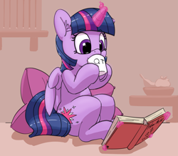 Size: 4031x3535 | Tagged: safe, artist:pabbley, imported from derpibooru, twilight sparkle, alicorn, pony, book, coffee, cute, female, hoof hold, levitation, magic, mare, mug, pillow, qt, reading, sitting, smiling, solo, telekinesis, twiabetes, twilight sparkle (alicorn), underhoof