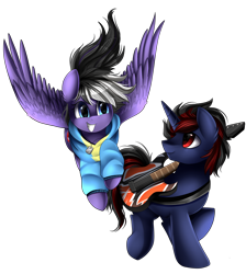 Size: 2550x2850 | Tagged: safe, artist:pridark, imported from derpibooru, oc, oc only, oc:denz xavier, oc:stormblaze, pegasus, pony, unicorn, clothes, commission, electric guitar, female, flying, guitar, male, mare, musical instrument, simple background, smiling, stallion, sweater, transparent background