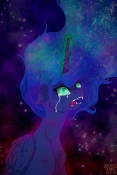 Size: 1024x1536 | Tagged: safe, artist:princess-lunestia, imported from derpibooru, nightmare moon, princess luna, alicorn, pony, crying, fangs, female, floppy ears, fluffy, mare, open mouth, solo, starry mane