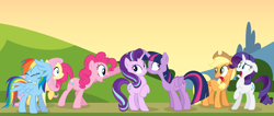 Size: 4000x1702 | Tagged: safe, artist:tomfraggle, imported from derpibooru, applejack, fluttershy, pinkie pie, rainbow dash, rarity, starlight glimmer, twilight sparkle, alicorn, pony, absurd resolution, boop, caught, covering, cowboy hat, eyes closed, female, freckles, hat, i can explain, lesbian, mane six, noseboop, not what it looks like, open mouth, raised hoof, shipping, stetson, twilight sparkle (alicorn), twistarlight