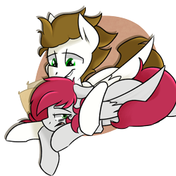 Size: 2560x2560 | Tagged: safe, artist:themodpony, imported from derpibooru, oc, oc only, oc:ateren steelbender, oc:little love, pony, commission, cuddling, male, trap, waking up