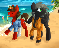 Size: 1080x880 | Tagged: safe, artist:tigra0118, imported from derpibooru, oc, oc only, oc:flu, pegasus, pony, unicorn, beach, clothes, colored pupils, duo, eyes closed, food, ice cream, levitation, licking, magic, male, shirt, stallion, telekinesis, tongue out